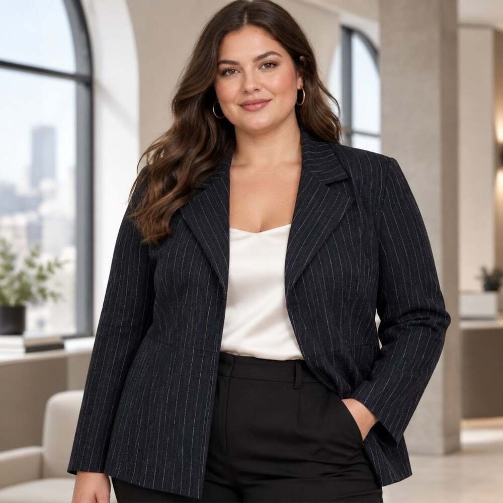 Lane Bryant Pinstripe Blazer Size 14/16 Black Metallic Stripe